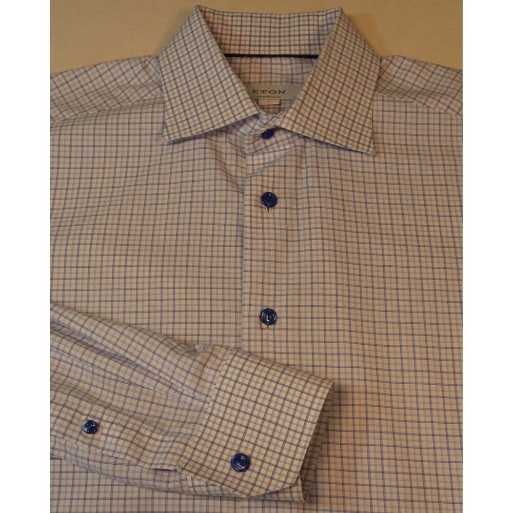 Eton Contemporary Dress Shirt Mens Size Large White/Blue Plaid Button Up - Picture 3 of 11